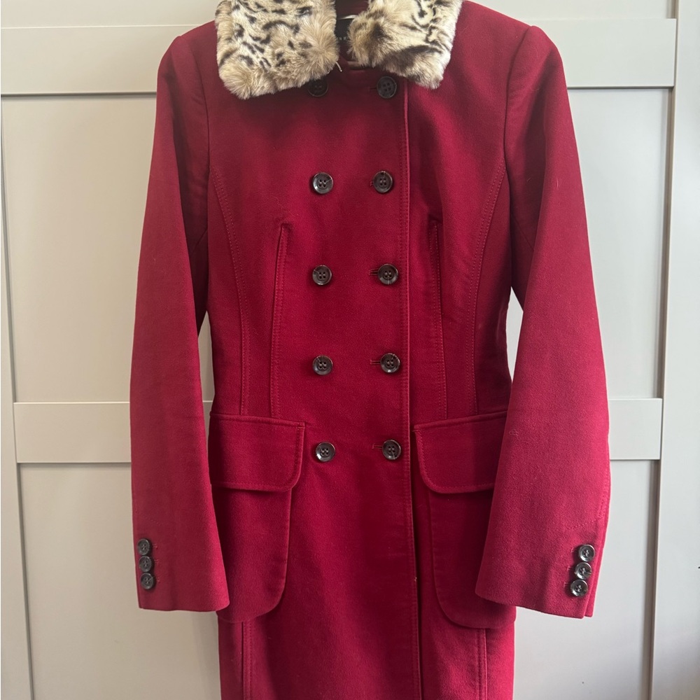 Karen Millen Red Pea Coat with Faux Fur Collar